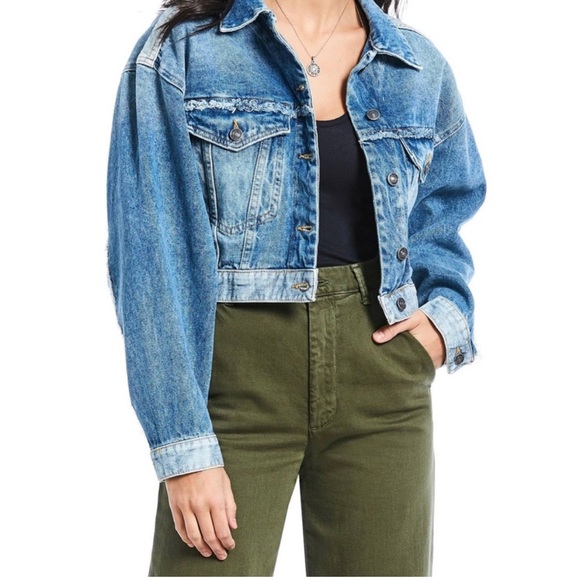 FREE PEOPLE Bedford Denim Crop Jacket Size XS Jean Cropped Boxy Dolman Batwing - Picture 2 of 14